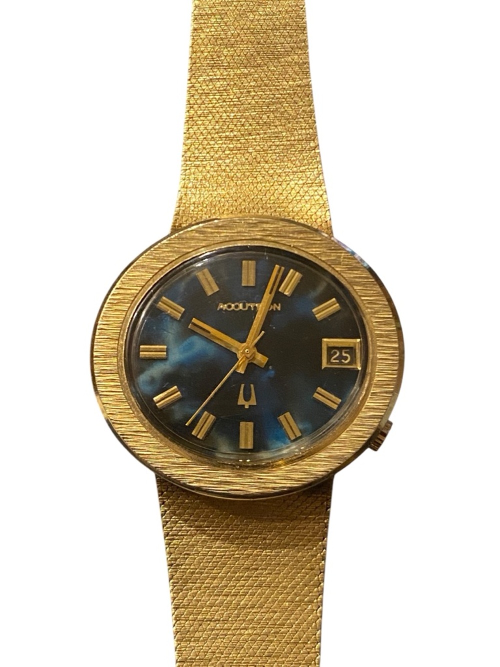 Estate Bulova Accutron 14k Gold Watch with Blue Lapis Dial and gold numeral mark
